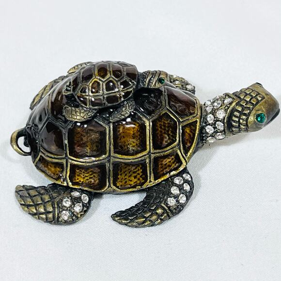 Turtle with Baby Turtle Shaped Ceramic Hinged Trinket Box Porcelain Crystals - Picture 3 of 10